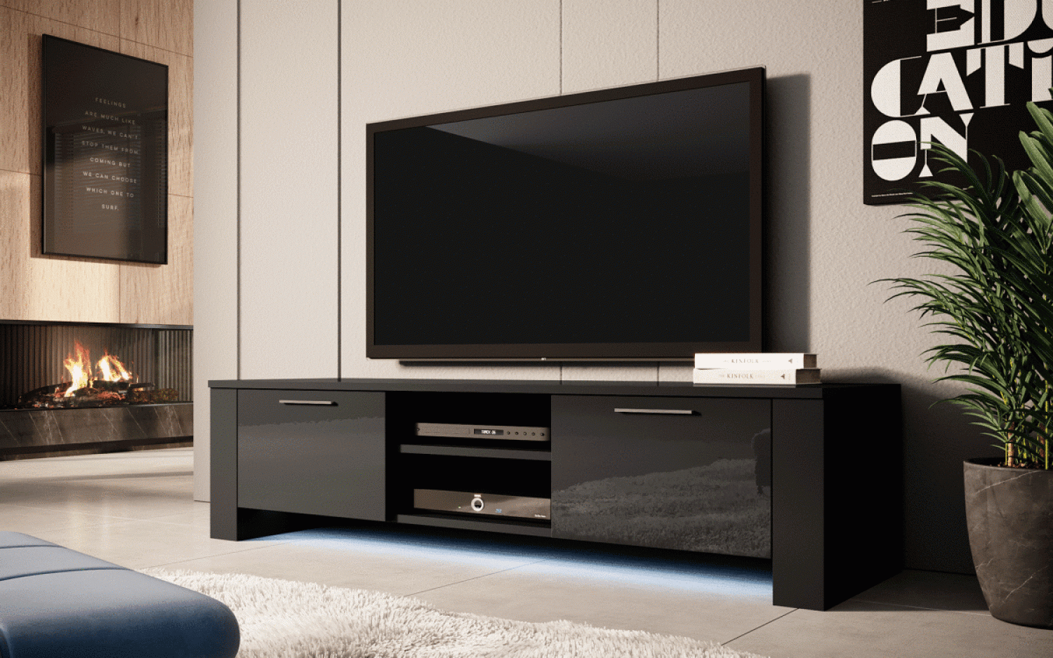 TV Lowboard Shine mit LED Schwarz/Schwarz Bild 1