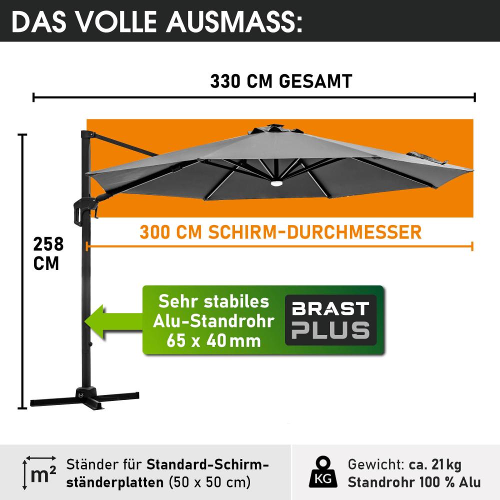 BRAST Alu Sonnenschirm Ampelschirm Ø300cm Grau + LEDs Windsicherung & Schützhülle UV-Schutz 50+ wasserabweisend drehbar & höhenverstellbar Bild 1