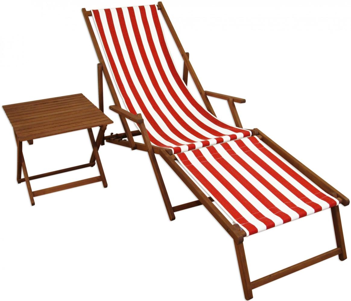 Gartenliege rot-weiß Fußteil Beistelltisch Deckchair Holz Buche Liegestuhl Relaxliege 10-314FT Bild 1