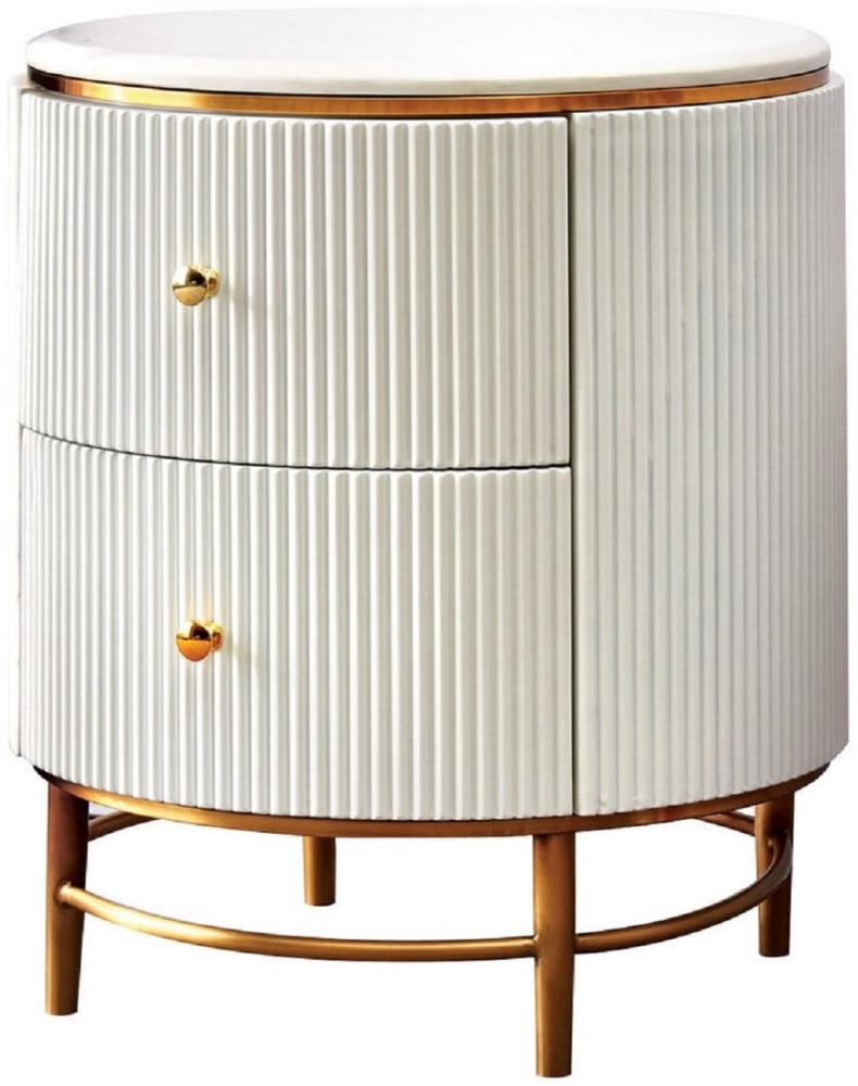 Casa Padrino Luxus Beistelltisch Weiß / Messingfarben / Gold Ø 50 x H. 58 cm - Runder Nachttisch mit 2 Schubladen - Moderne Möbel Bild 1