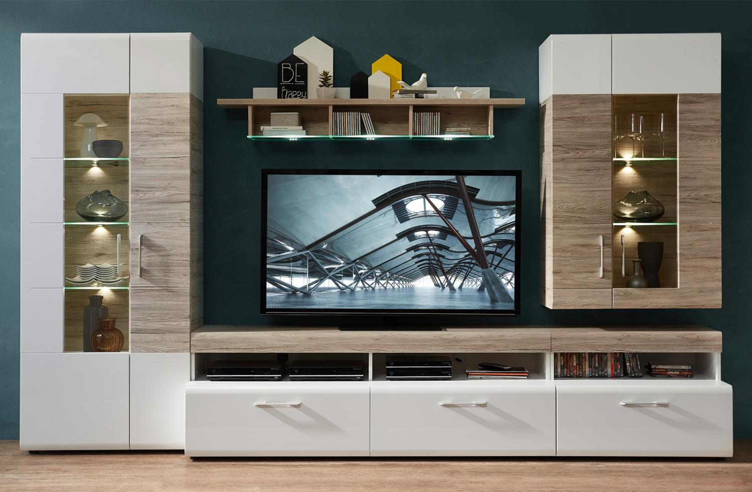 Wohnwand SPIRIT Wohnzimmer-Set Vitrine Hängeregal Wandboard TV Regal weiß LED Bild 1