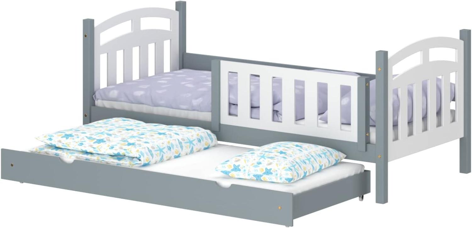 WNM Group Kinderbett Ausziehbar Suzie - aus Massivholz - Ausziehbett für Mädchen und Jungen - Hohe Qualität Bett mit Rausfallschutz für Kinder 190x80 / 180x80 cm - Grau Bild 1