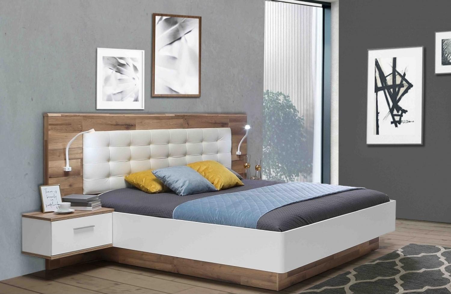 Forte Modern Way Bett, Holzwerkstoff, Stabeiche Dekor Kombiniert mit Weiß Matt, 296,5 x 119,7 x 210 cm Bild 1