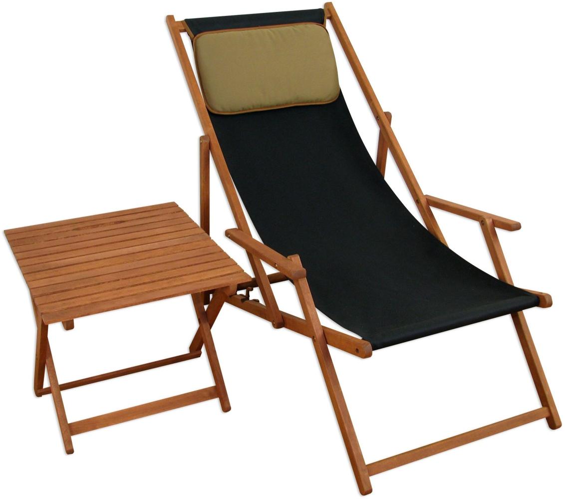 Deckchair schwarz Gartenliege Sonnenliege Strandstuhl Tisch Kissen Buche klappbar 10-305 T KD Bild 1