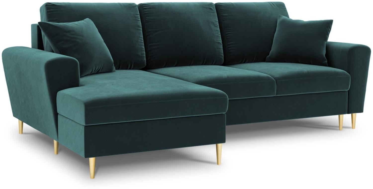 Micadoni 4-Sitzer Samtstoff Ecke links Sofa mit Bettfunktion und Box Moghan | Bezug Petrol | Beinfarbe Gold Metal Bild 1