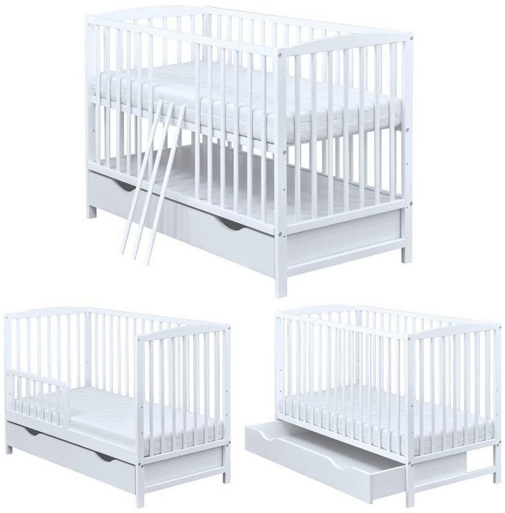 Baby-Delux Babybett Milo Bettkasten Schutzgitter, Kinderbett 60x120 cm weiß Schublade Barriere Kiefer Matratze Bild 1