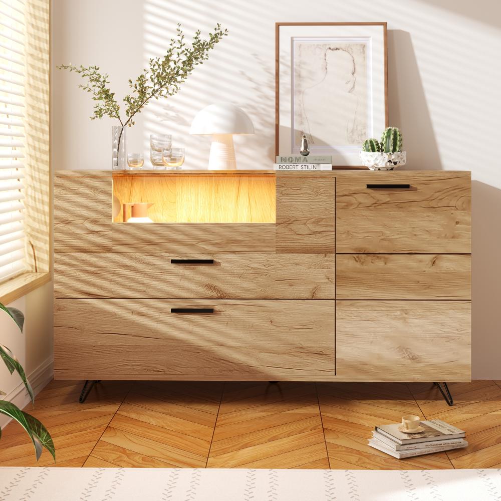 Merax Sideboards, Sideboards mit Glastüren und App-gesteuerten LED-Leuchten, Kommoden, Holzfarbe Bild 1