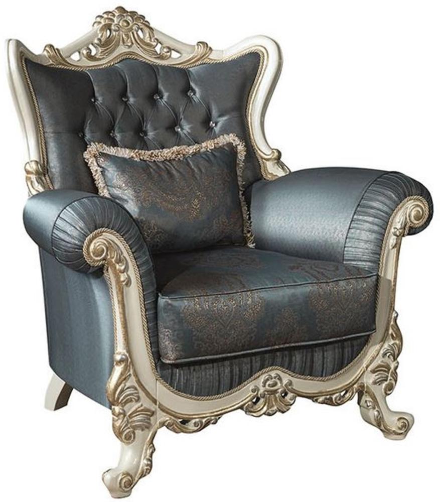 Casa Padrino Luxus Barock Wohnzimmer Sessel mit Glitzersteinen und dekorativem Kissen Blau / Creme / Gold 110 x 85 x H. 112 cm - Barockstil Möbel Bild 1
