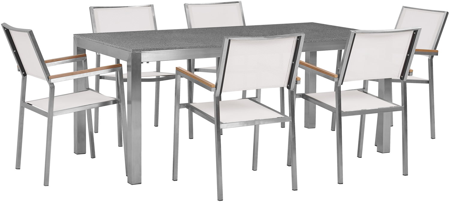 Gartenmöbel Set Granit grau poliert 180 x 90 cm 6-Sitzer Stühle Textilbespannung weiß GROSSETO Bild 1
