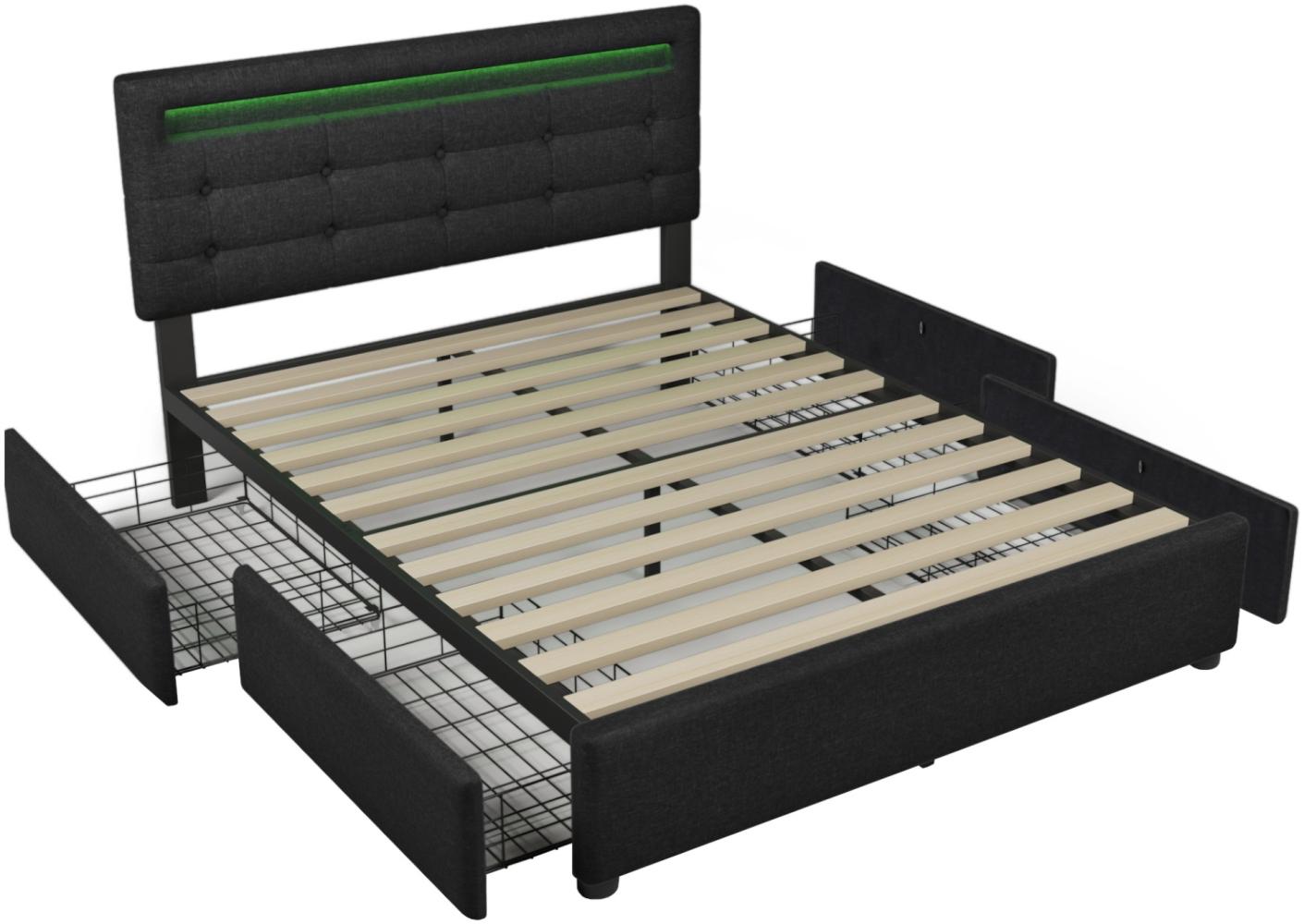 Merax LED Stauraumbett Polsterbett 140x200 Doppelbett aus Leinen mit Höhenverstellbares Kopfteil & 4 Schubladen Schwarz Bild 1