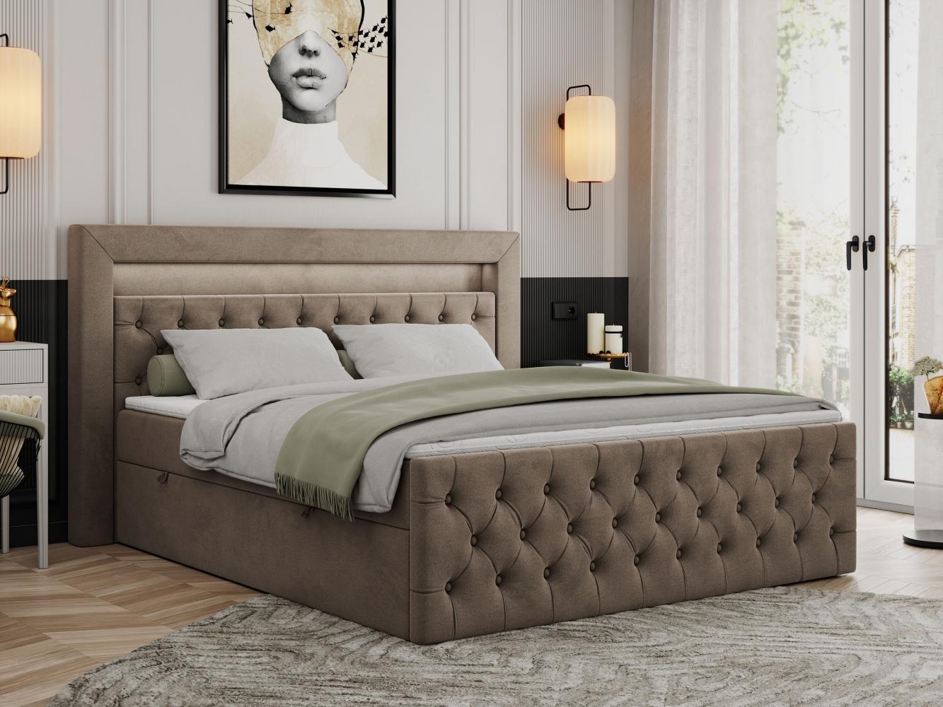 Boxspringbett, Stauraumbett mit Bettkasten, LED - GOLD-9 - 160x200cm - Braun Velours - H4 Bild 1