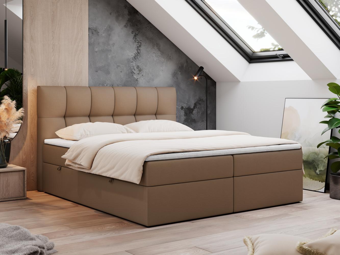 Boxspringbett mit Kopfteil und Topper, Doppelbett - RICO - 120x200cm - Braun Kunstleder - H3 Bild 1