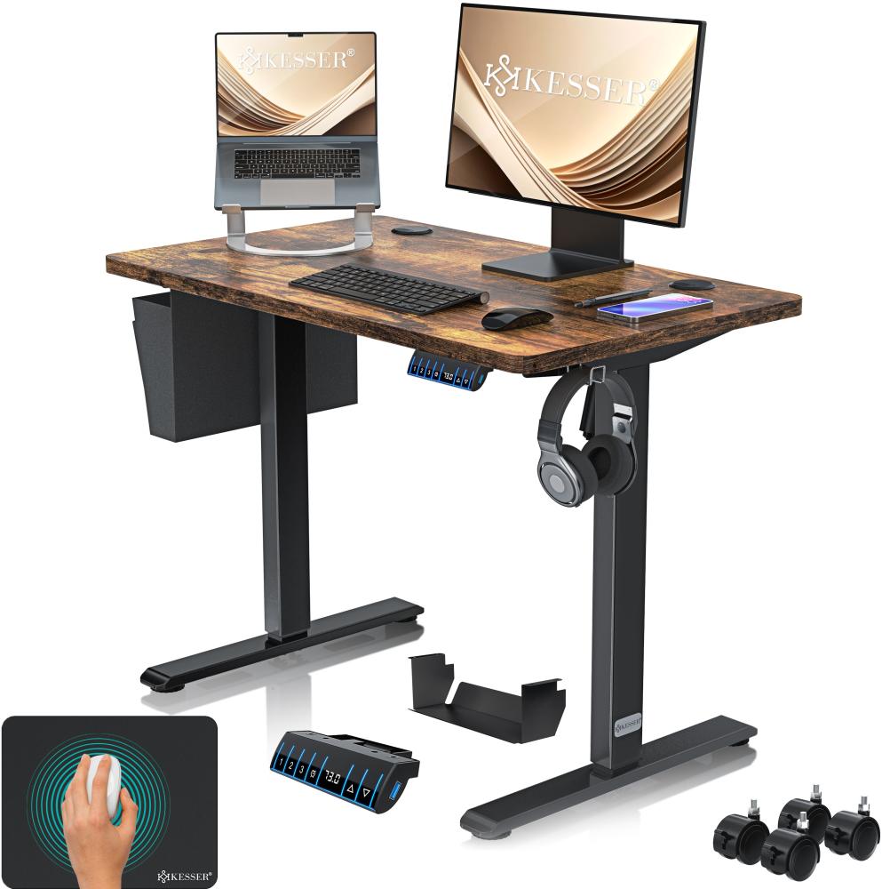 KESSER® Höhenverstellbarer Schreibtisch elektrisch | Ergonomisch Steh-Sitz Schreibtisch | 3-Funktions-Memory Steuerung | Inkl. 360° Rollen & USB-Ladeanschluss | Computertisch für Homeoffice Braun, 100 x 60 cm Bild 1