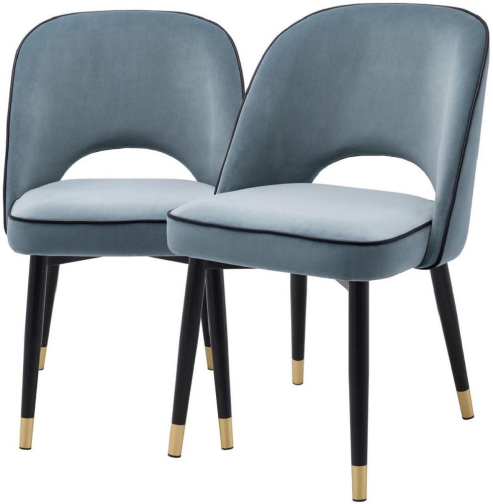 Casa Padrino Luxus Esszimmerstuhl Set Blau / Schwarz / Messing 53 x 56 x H. 84 cm - Esszimmerstühle mit edlem Samtstoff - Esszimmer Möbel Bild 1