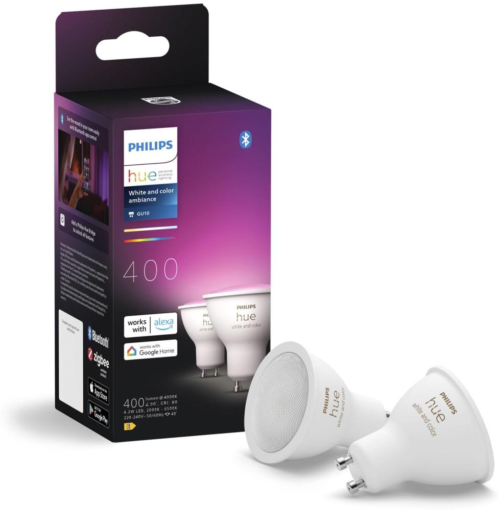 Philips Hue GU10 smarte Lampe, weißes und farbiges Licht, 2er-Pack, Bluetooth kompatibel, Sprachsteuerung mit Alexa, Apple Home und Google Assistant, Weiß Bild 1