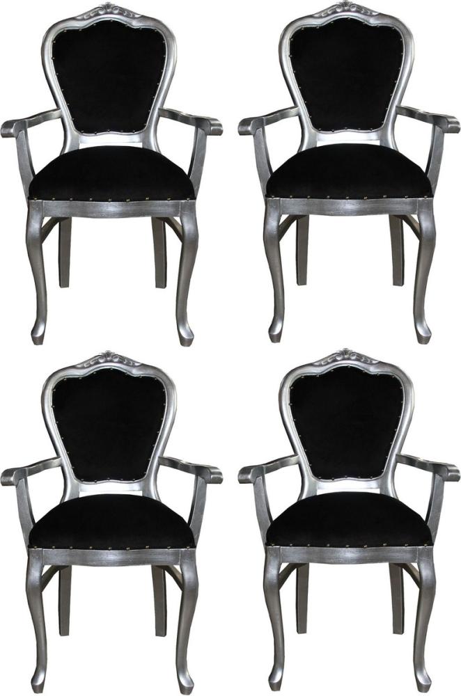 Casa Padrino Luxus Barock Esszimmer Set Schwarz / Silber 60 x 47 x H. 99 cm - 4 handgefertigte Esszimmerstühle mit Armlehnen - Barock Esszimmermöbel Bild 1
