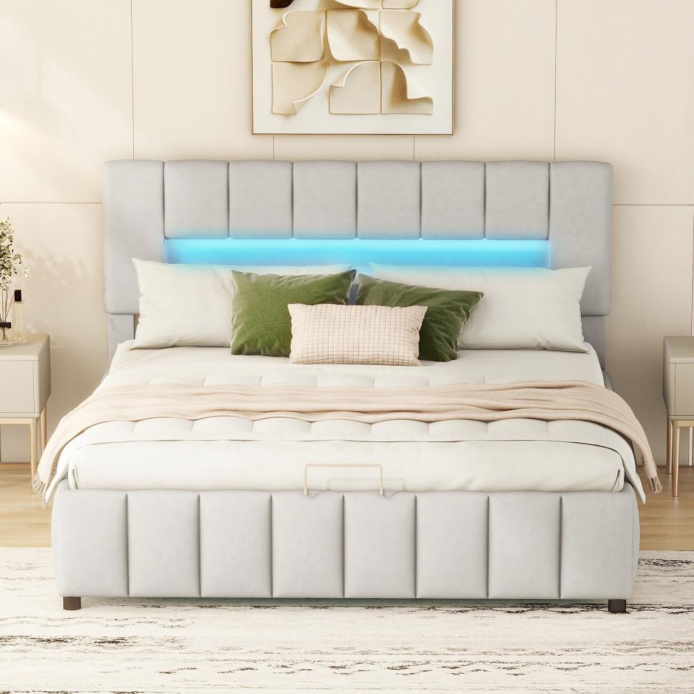 Merax LED Hydraulisches Polsterbett 180x200 aus Samt Doppelbett Funktionsbett mit Gepolstertes Kopfteil & Lattenrost Grau Bild 1