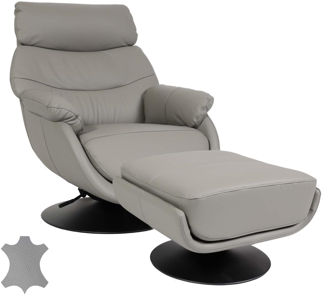 Relaxsessel mit Hocker HWC-K99, Fernsehsessel Sessel, Wippfunktion drehbar, Metall Echtleder/Kunstleder ~ grau Bild 1