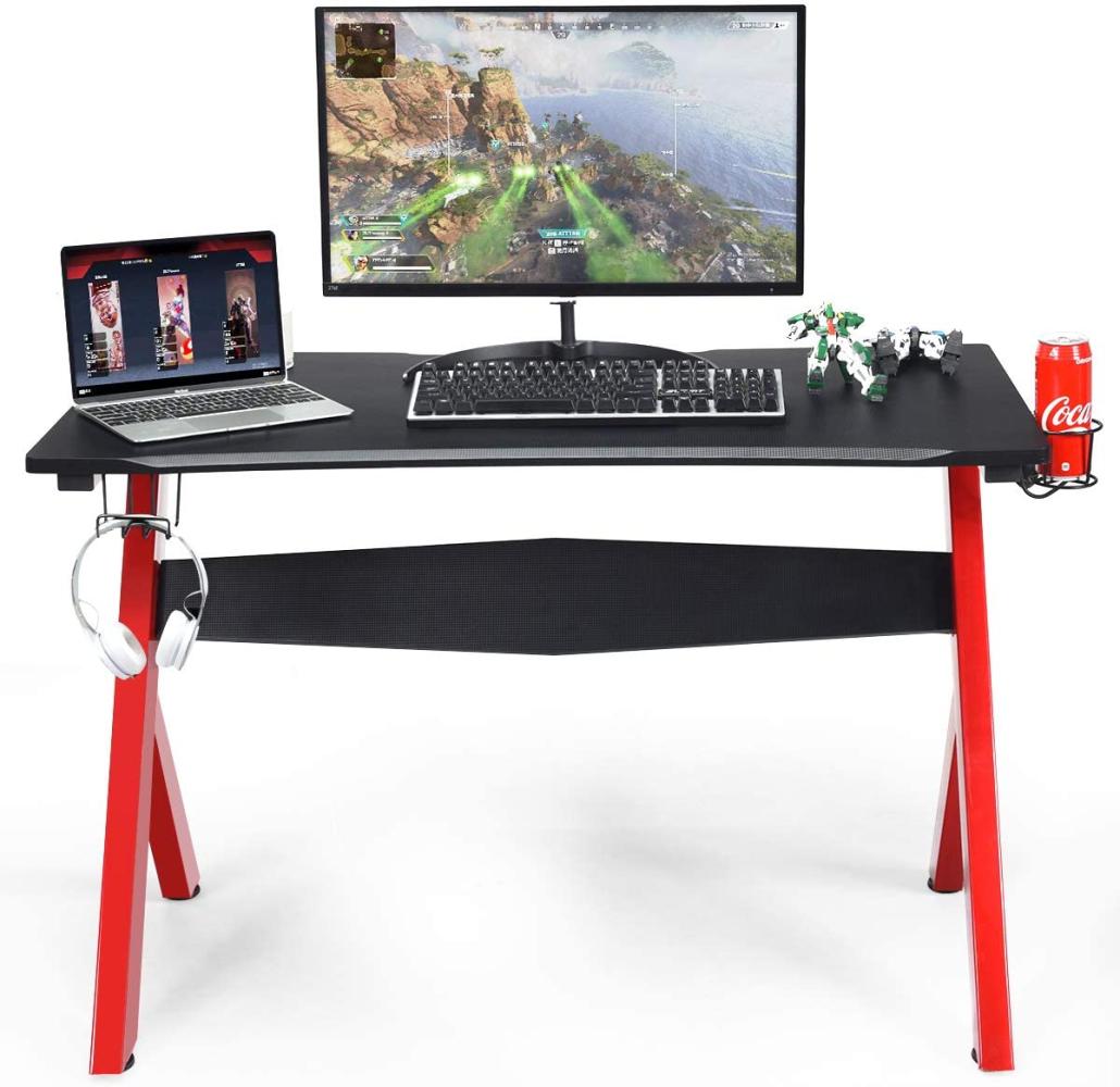 COSTWAY Gamingtisch Computertisch, Gaming Schreibtisch mit Tassen- und Kopfhörerhalter und Mauspad, Laptoptisch mit R-förmigem Stahlgestell, PC Tisch für Zuhause Büro Spielzimmer Bild 1