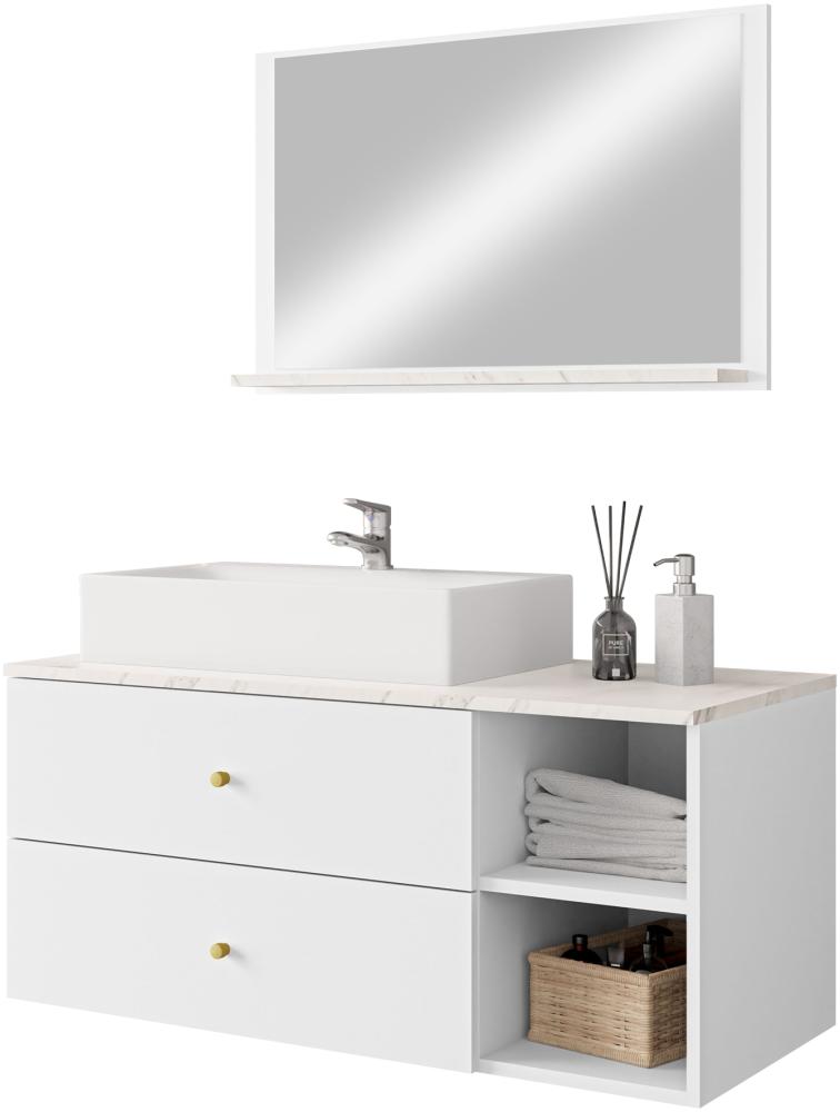 Badmöbel Set Kormen I mit Waschbecken und Siphon (Farbe: Weiß + Marmor Bianco) Bild 1