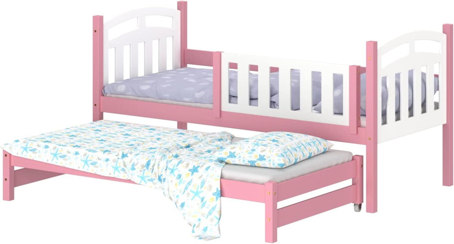WNM Group Kinderbett Ausziehbar Suzie - aus Massivholz - Ausziehbett für Mädchen und Jungen - Hohe Qualität Bett mit Rausfallschutz für Kinder Rosa - 200x90 / 190x90 cm Bild 1