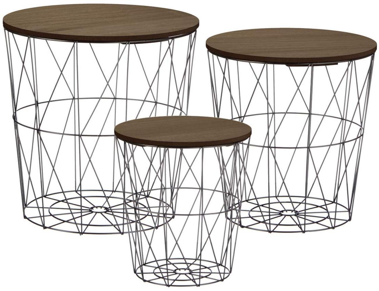 Metall Beistelltisch mit Stauraum schwarz - 3er Set/dunkle Tischplatten - Wohnzimmer Tisch mit Abnehmbarer Holz Platte Metallkorb Sofatisch Couchtisch Bild 1