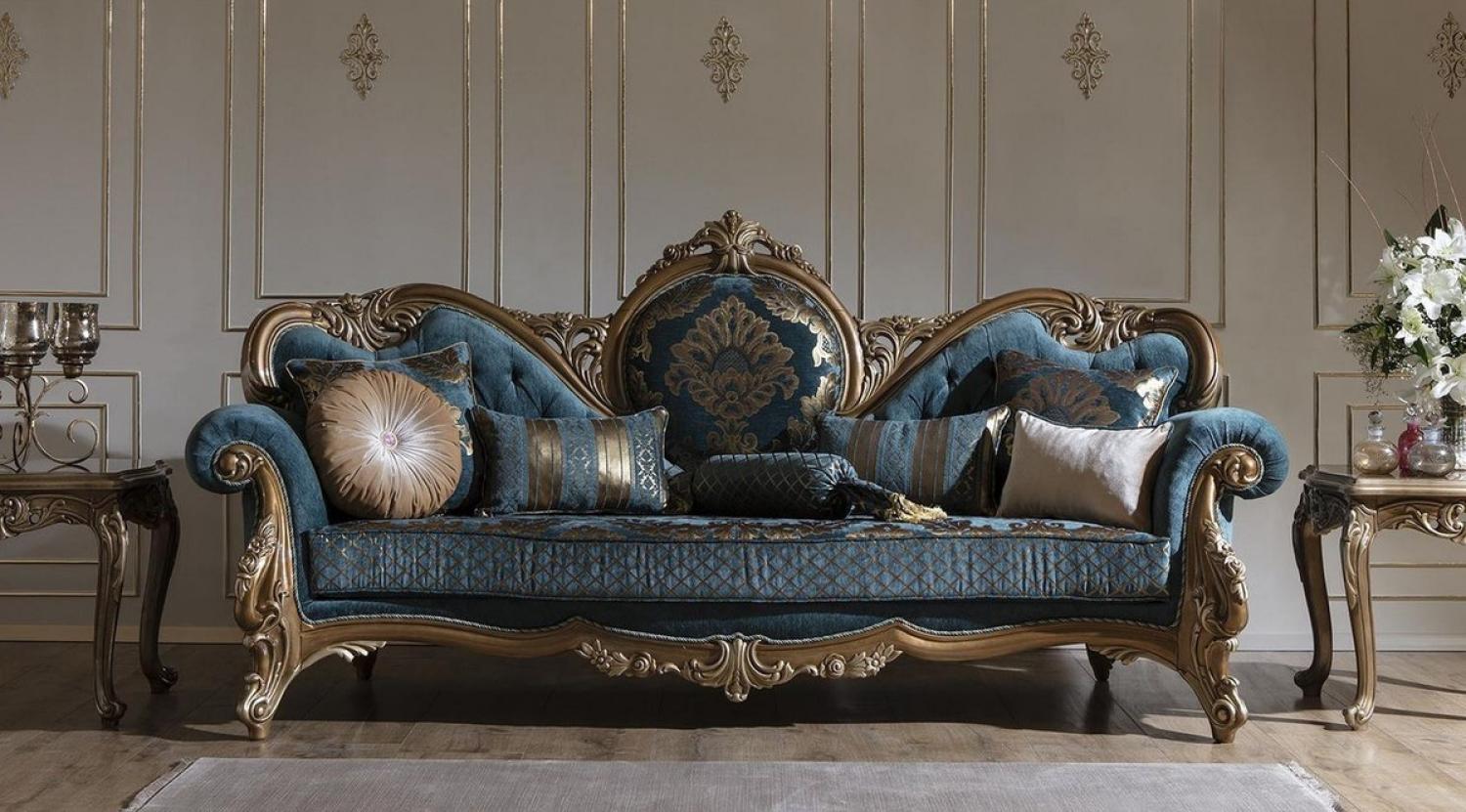 Casa Padrino Luxus Barock Sofa Blau / Gold 260 x 90 x H. 125 cm - Prunkvolles Wohnzimmer Sofa mit elegantem Muster und dekorativen Kissen Bild 1