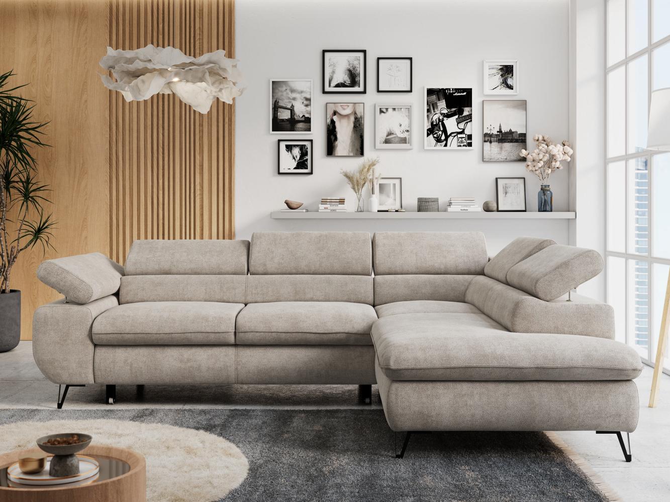 Ecksofa mit Bettfunktion, Modern Sofa, L-form, Einstellbare Kopfstützen, Bettkasten - PETER - Beige Stoff - rechts Bild 1