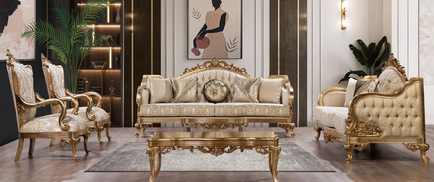 Casa Padrino Luxus Barock Wohnzimmer Set Gold / Antik Gold - 2 Barock Sofas & 2 Barock Sessel & 1 Barock Couchtisch - Luxus Wohnzimmer Möbel im Barockstil - Barock Möbel - Edel & Prunkvoll Bild 1