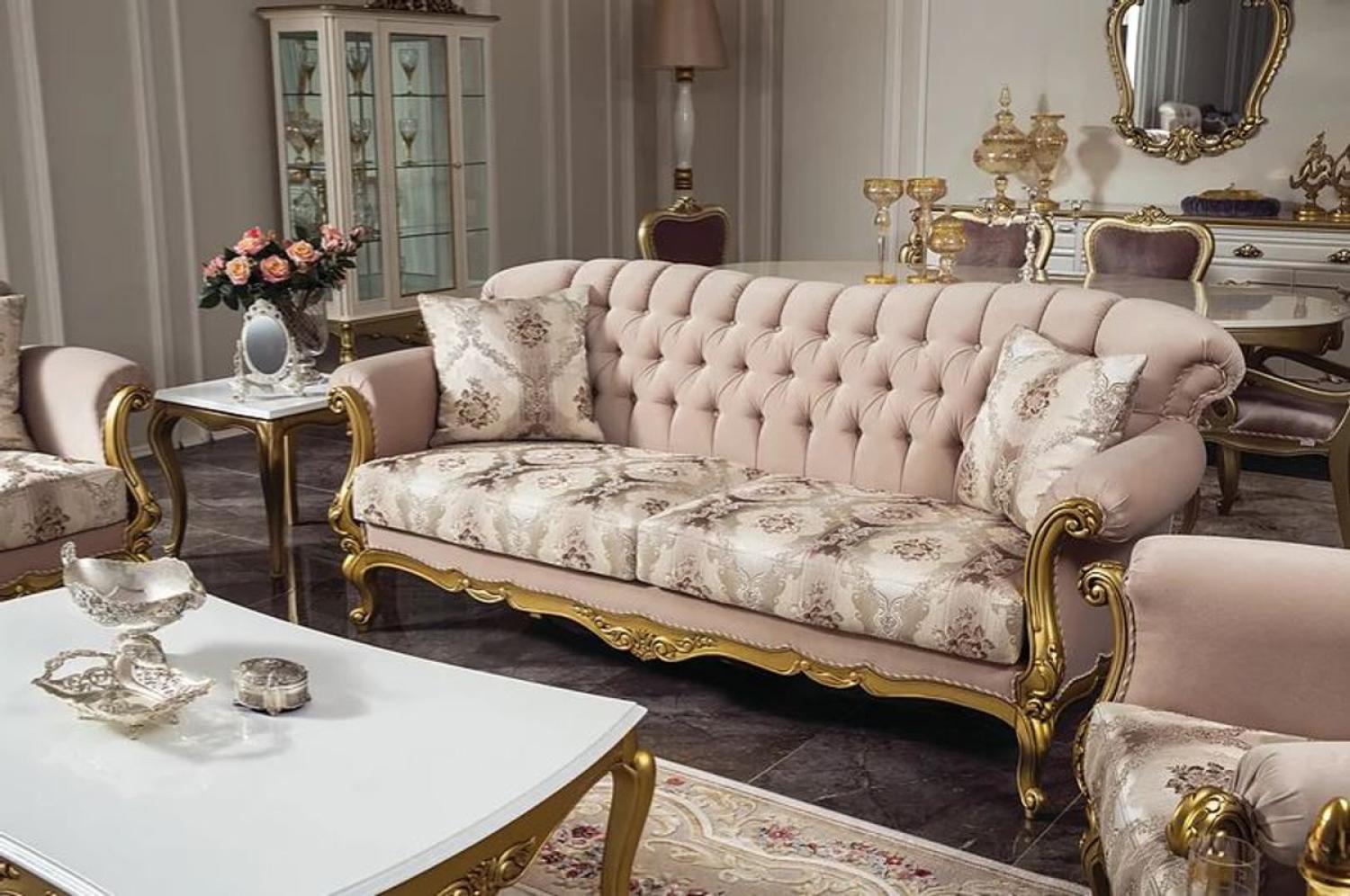 Casa Padrino Luxus Barock Wohnzimmer Sofa Rosa / Gold 220 x 82 x H. 95 cm - Massivholz Sofa mit elegantem Muster und dekorativen Kissen Bild 1