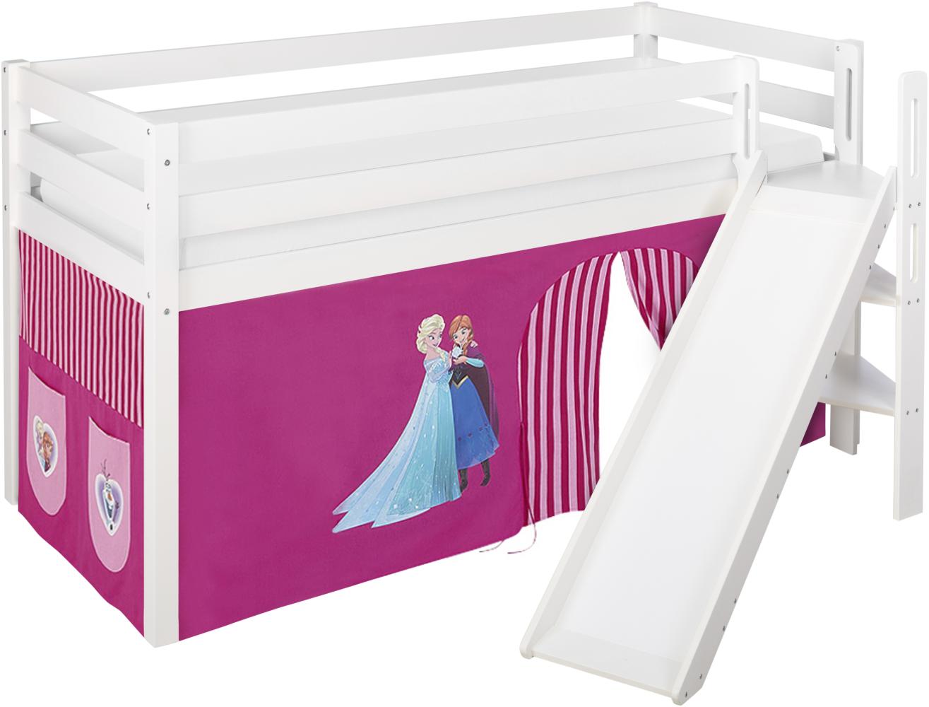Lilokids 'Jelle' Spielbett 90 x 190 cm, Eiskönigin Rosa, Kiefer massiv, mit schräger Rutsche und Vorhang Bild 1