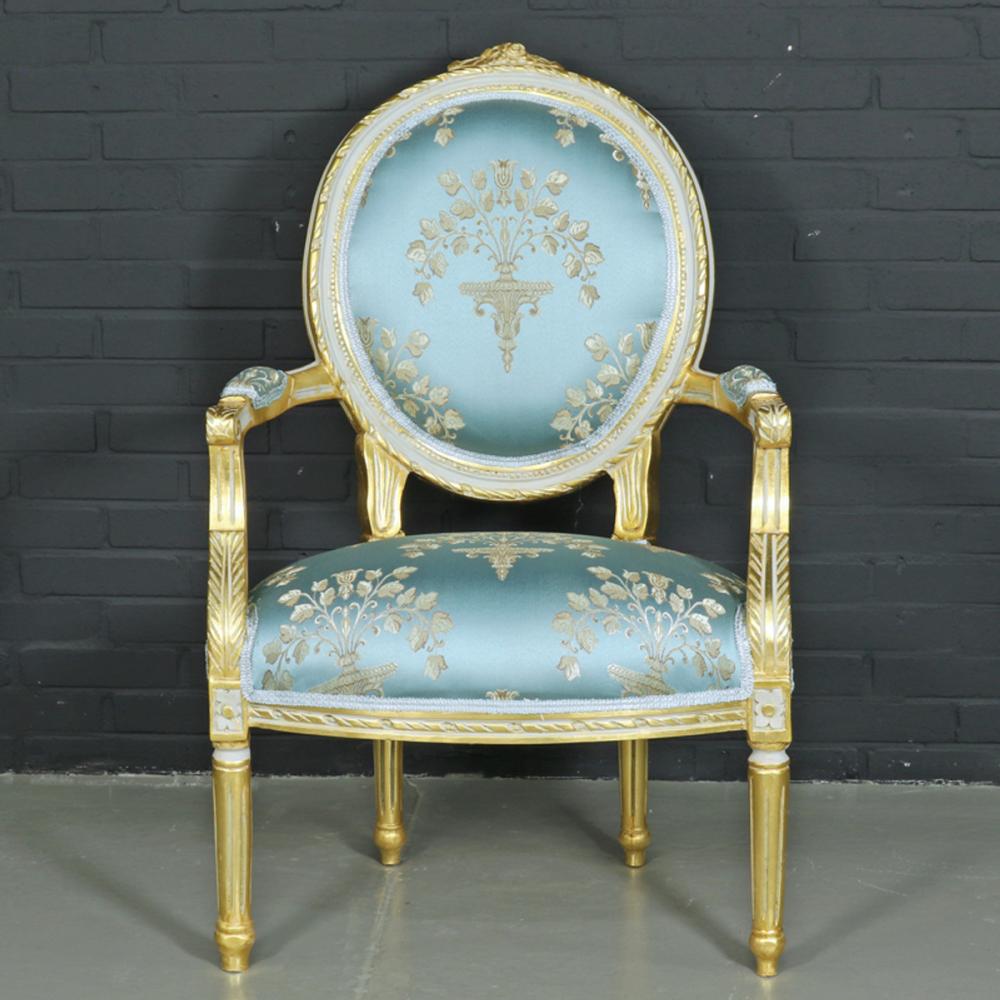 Casa Padrino Barock Salon Stuhl "Medaillon" Mod2 mit Armlehnen Helltürkis / Gold - Antikstil Stuhl Bild 1