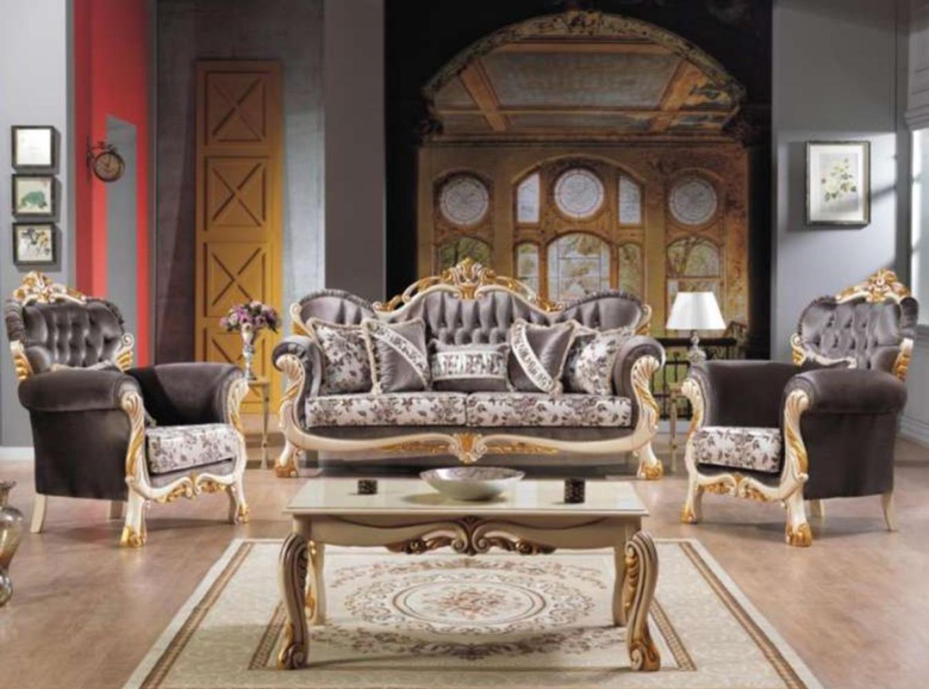 Casa Padrino Barock Neoklassik Sofa Set - 3er Sofa, 2 Sessel und Couchtisch - dunkelgrau/creme/gold - Luxus Kollektion aus Italien Bild 1