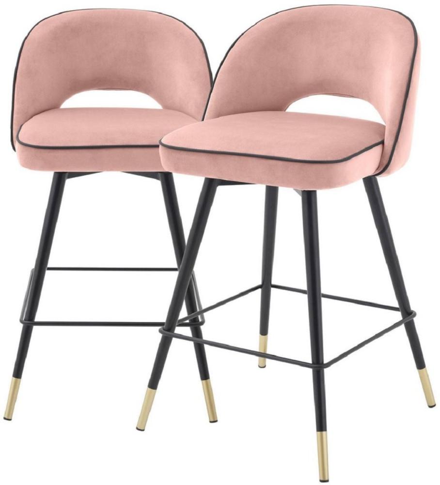 Casa Padrino Luxus Barstuhl Set Rosa / Schwarz / Messingfarben 51 x 52 x H. 92,5 cm - Barstühle mit drehbarer Sitzfläche und edlem Samtsoff - Luxus Bar Möbel Bild 1