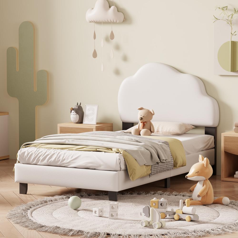 Merax Kinderbett Polsterbett 90*200cm mit mit Lattenrost mit wolkenförmiger Rückenlehne Jungen- und Mädchenbett Weiß Bild 1
