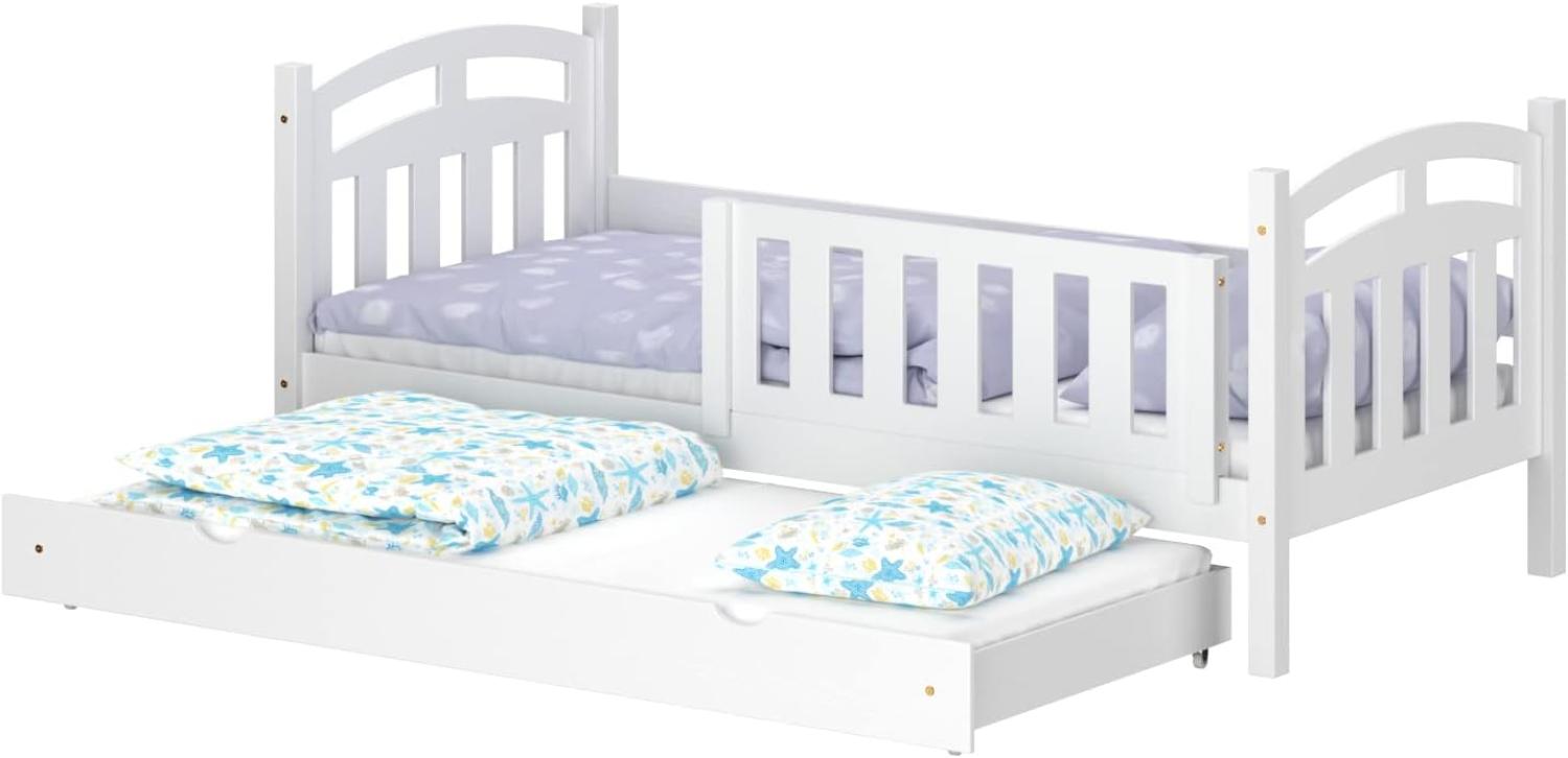 WNM Group Kinderbett Ausziehbar Suzie - aus Massivholz - Ausziehbett für Mädchen und Jungen - Hohe Qualität Bett mit Rausfallschutz für Kinder 160x80 / 150x80 cm - Weiß Bild 1