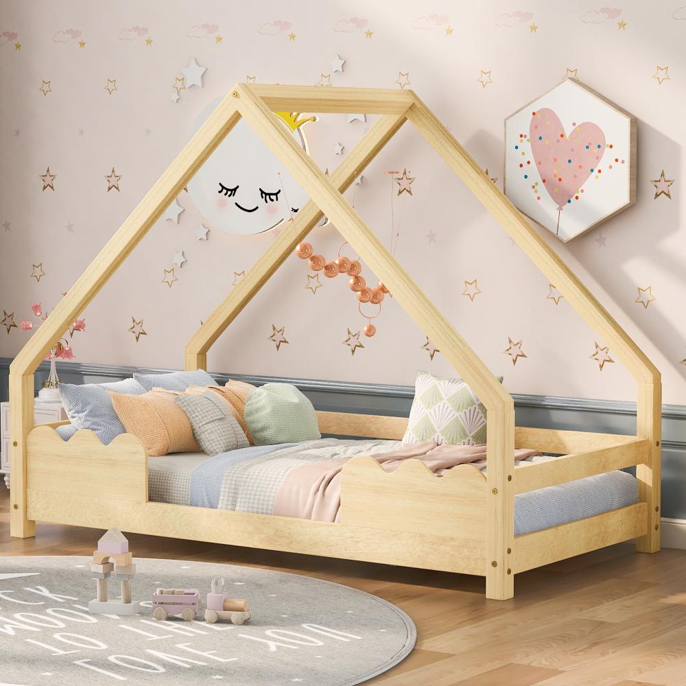 Merax Hausbett Kinderbett 80x160cm mit Rausfallschutz Spielbett Jugendbett Massivholz in Natur Bild 1