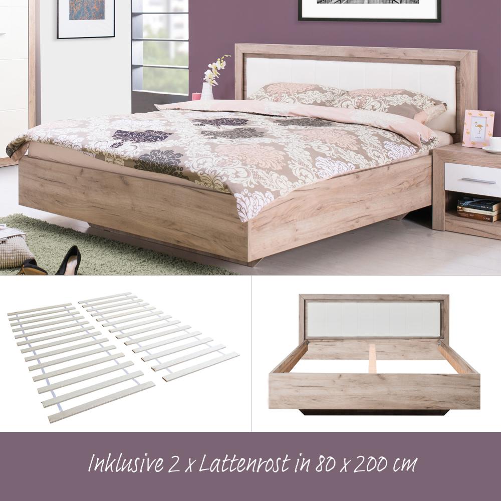 Doppelbett, Holzbett, mit Lattenrost, Eiche, Kunstleder, 160x200cm, Weiß Bild 1