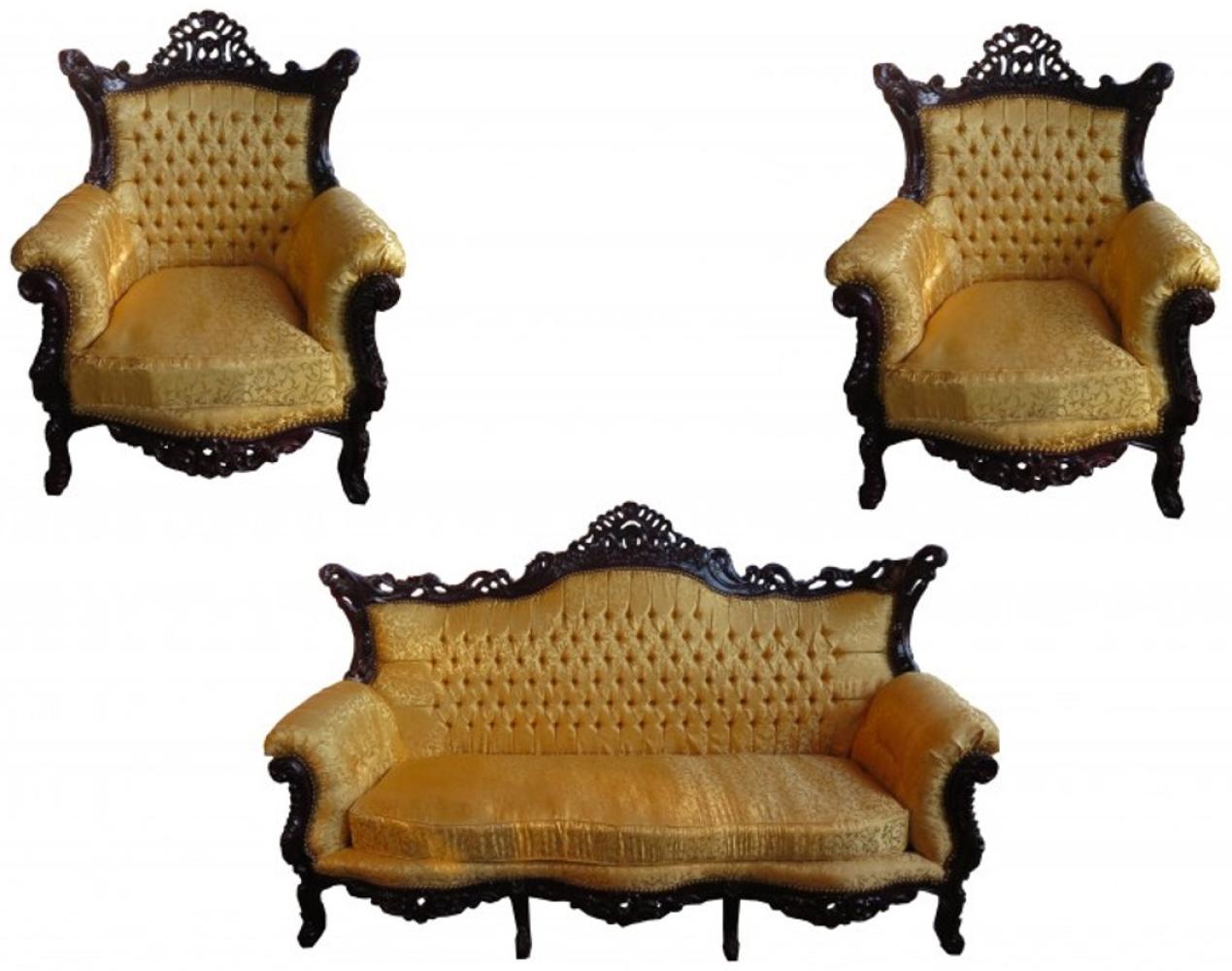 Casa Padrino Barock Wohnzimmer Set Master Gold Muster / Mahagoni Braun - 3er Sofa + 2 Sessel Bild 1