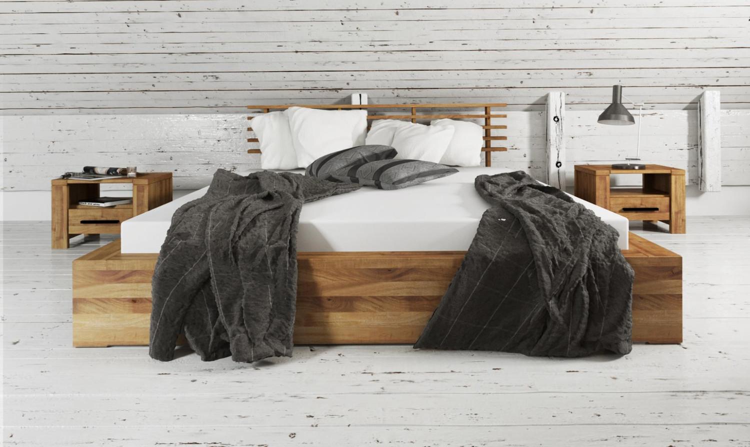 Bett Lubic 1 aus Wildeiche massiv 160x200 mit Sprossenkopfteil u. Holzfußgestell Bild 1