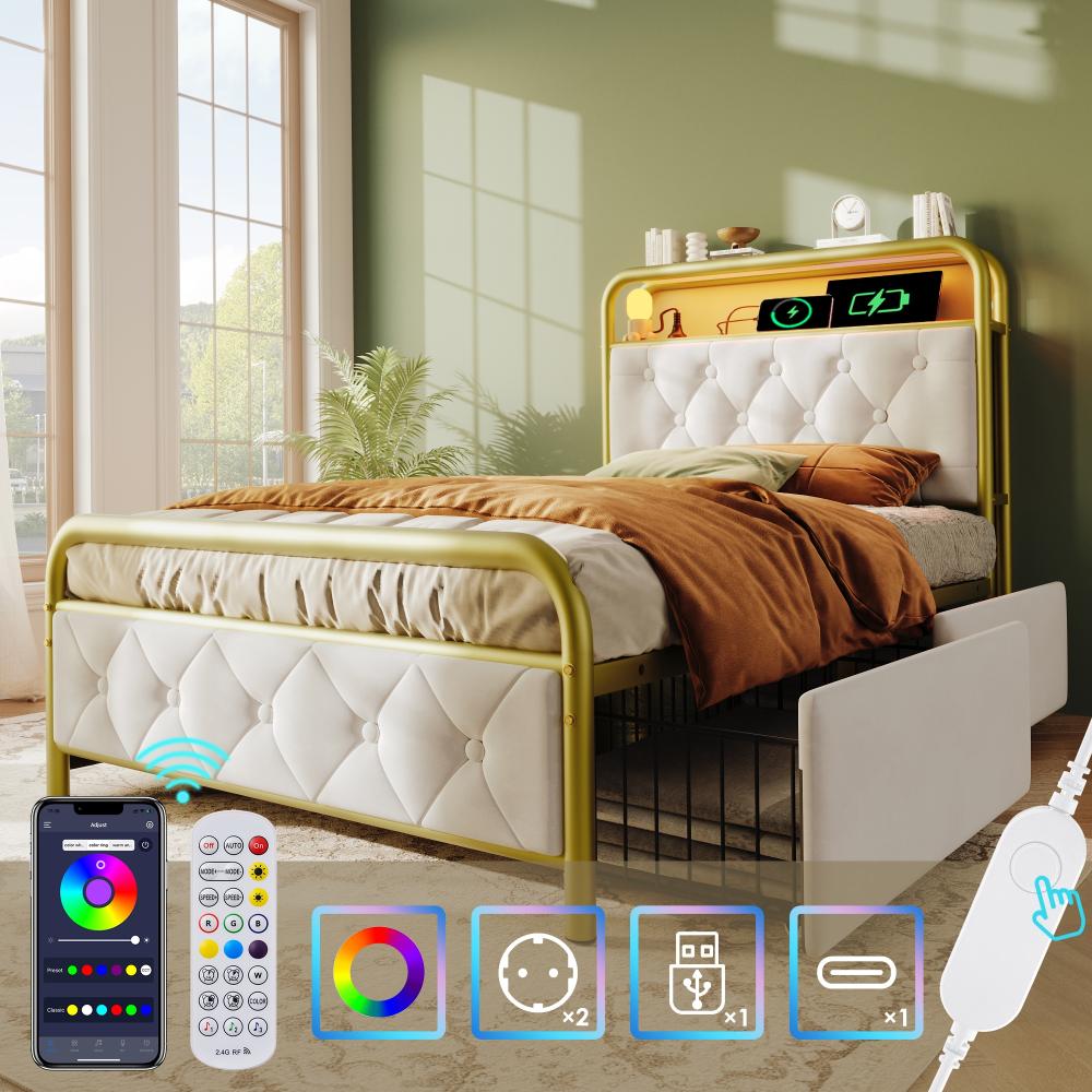 Merax Polsterbett Einzelbett mit aufladen USB Type C Ladefunktion APP-Control LED Bettgestell Metallbett 90×200CM Bettrahmen und 2 Schubladen, Samt (Ohne Matratze), Weiß Bild 1