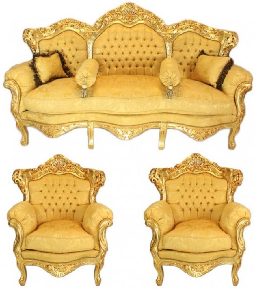 Casa Padrino Barock Wohnzimmer Set Gold Bouquet Muster / Gold - 3er Sofa + 2 Sessel Bild 1