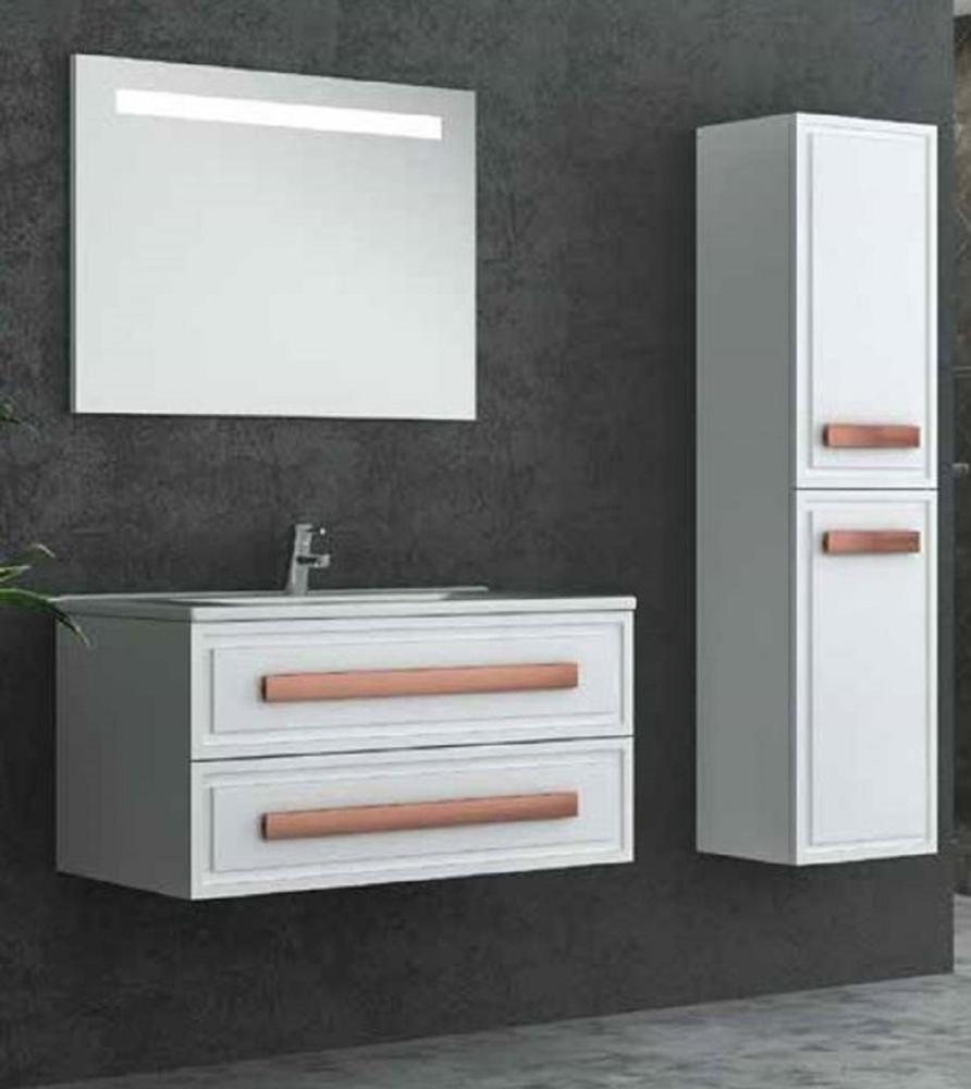 Casa Padrino Luxus Badezimmer Set Weiß / Bronze - 1 Waschtisch und 1 Waschbecken und 1 LED Wandspiegel und 1 Hängeschrank - Luxus Badezimmermöbel Bild 1