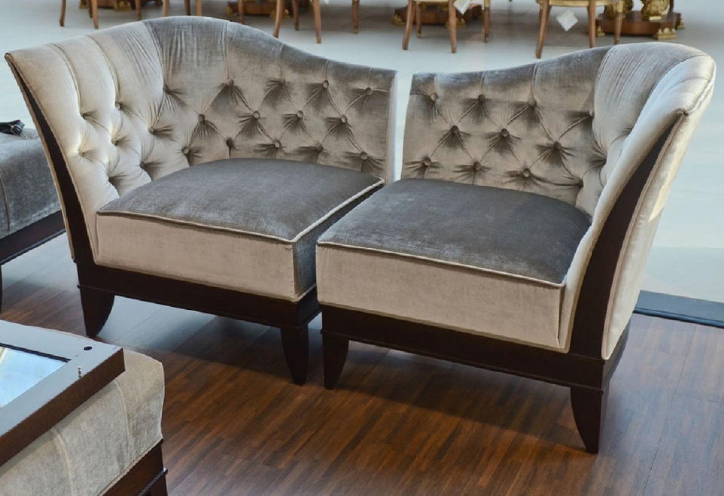 Casa Padrino Luxus Wohnzimmer Sessel Set Silbergrau / Dunkelbraun - 2 Neoklassische Sessel mit edlem Velourstoff - Wohnzimmer Möbel im Neoklassischem Stil Bild 1