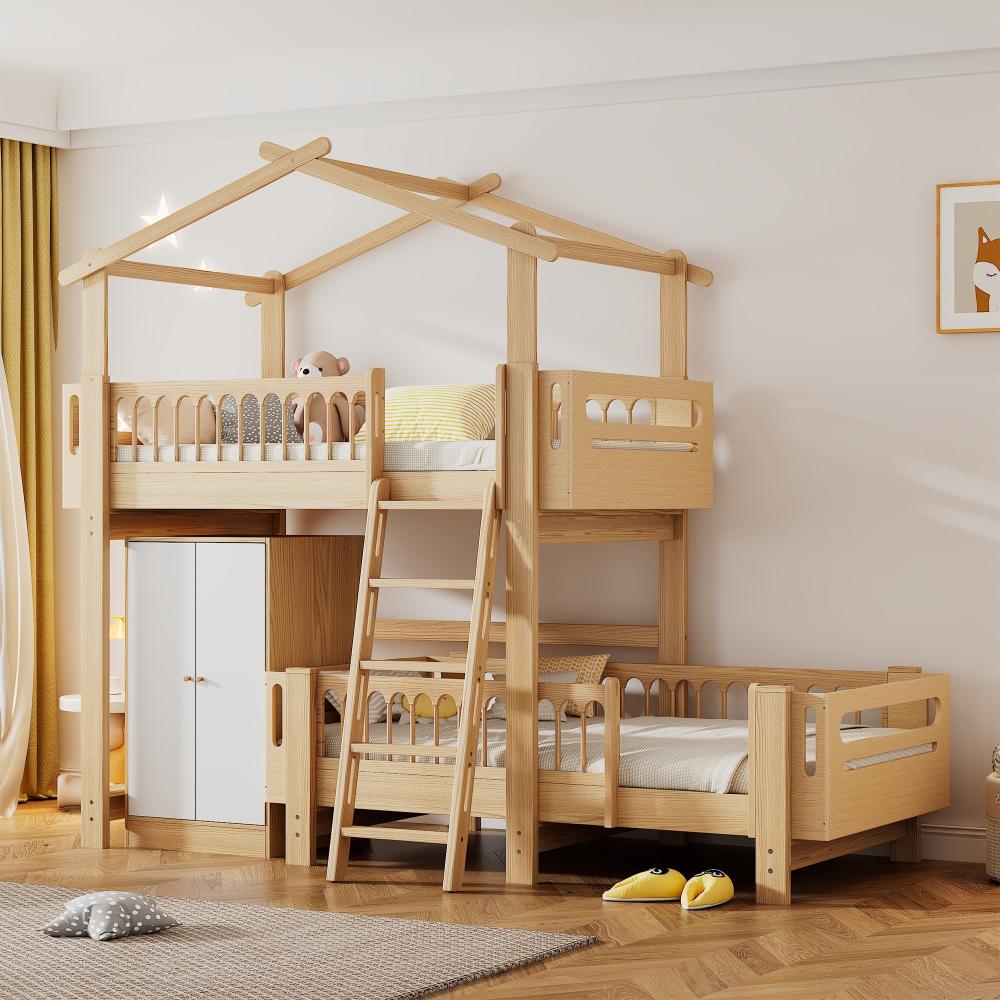 Merax Etagenbett mit Kleiderschrank, Hausbett, Kinderbett, herausnehmbares Unterbett, mit vierstufiger Schrägleiter, Absturzsicherung an vier Seiten, Kiefer+MDF, Natur+Weiß, 90x200cm Bild 1