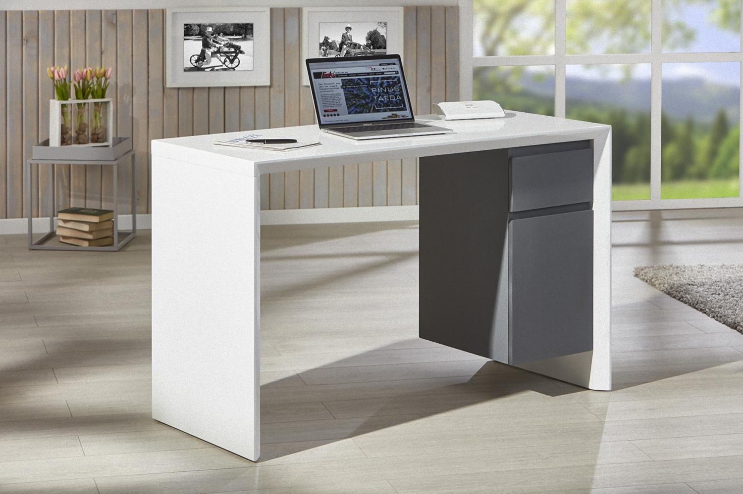 Schreibtisch Megsir 120x50 Hochglanz weiß grau Bild 1