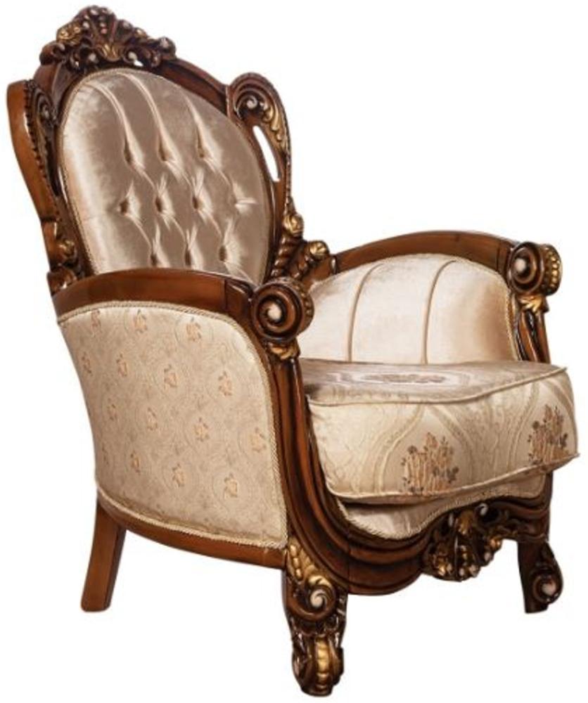Casa Padrino Luxus Barock Wohnzimmer Sessel Beige / Braun / Gold - Prunkvoller Sessel mit elegantem Muster - Handgefertigte Barock Wohnzimmer Möbel Bild 1