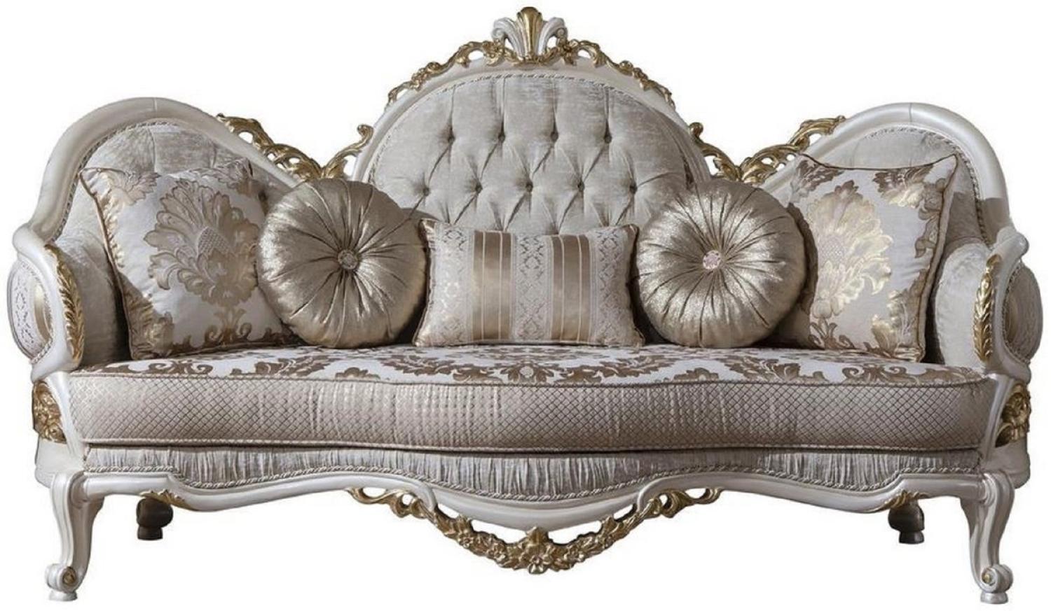 Casa Padrino Luxus Barock Sofa Grau / Weiß / Gold 220 x 80 x H. 124 cm - Prunkvolles Wohnzimmer Sofa mit dekorativen Kissen Bild 1