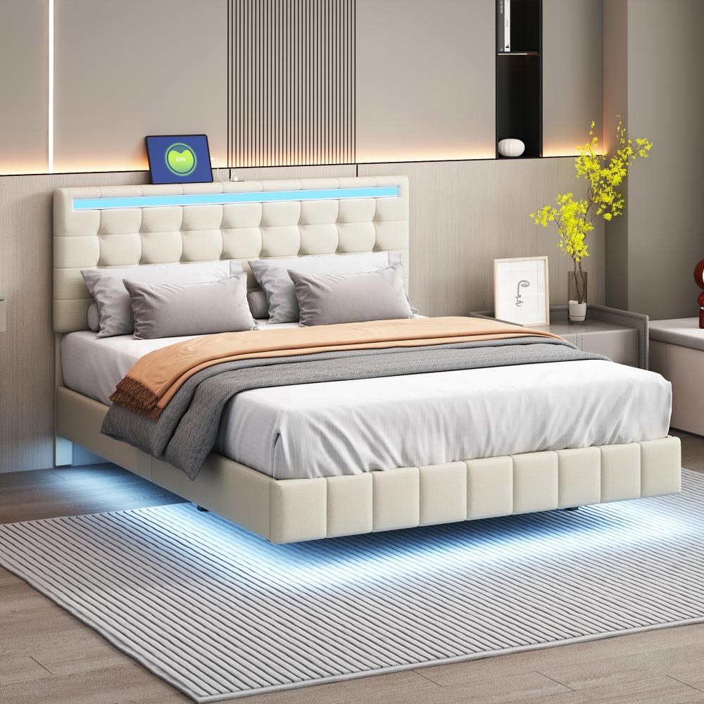 Merax Polsterbett 140 x 200 cm, gepolsterter Schwebebettrahmen mit LED-Leuchten, flächiges Doppelbett in hautfreundlichem Leinen Beige Bild 1