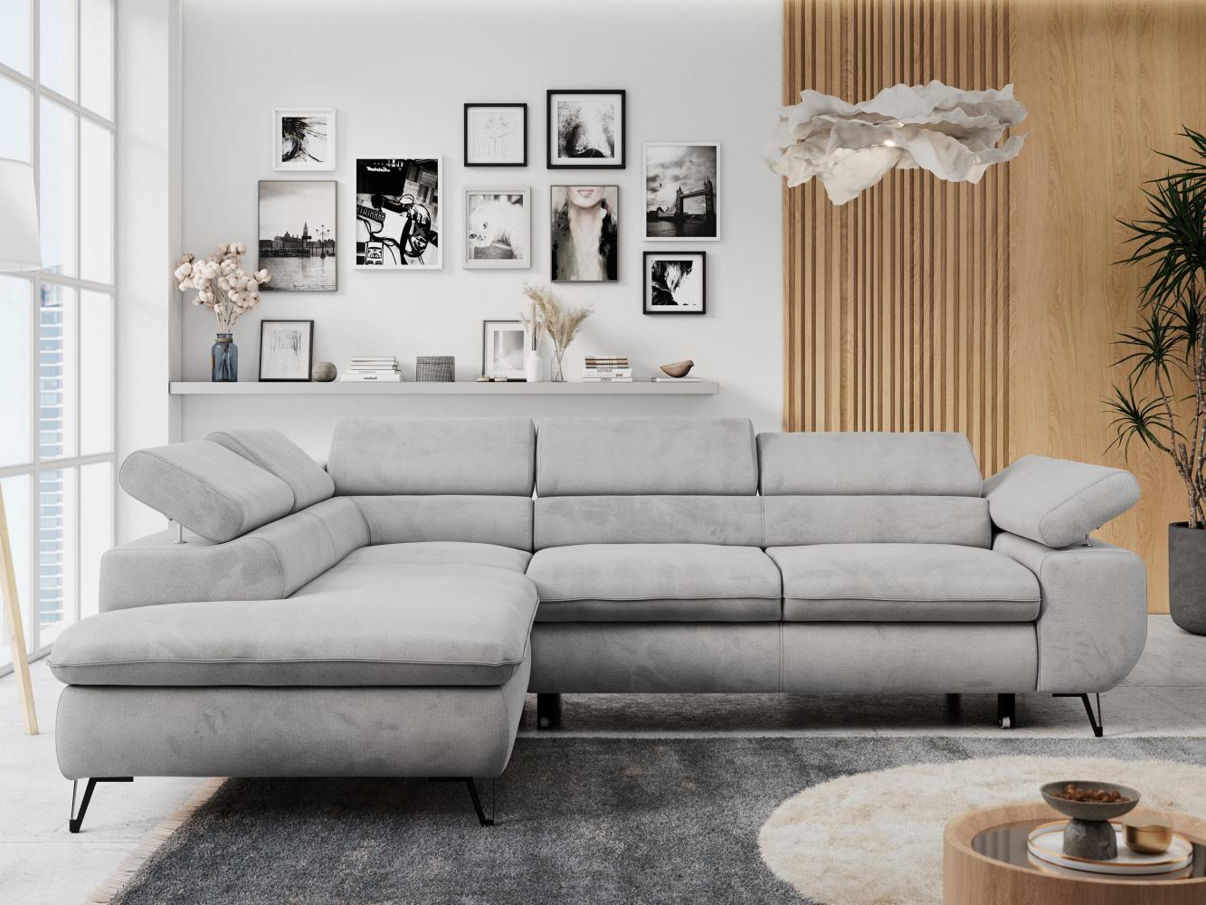 Ecksofa mit Bettfunktion, Modern Sofa, L-form, Einstellbare Kopfstützen, Bettkasten - PETER - Hellgrau Velours - Topper T25 - links Bild 1